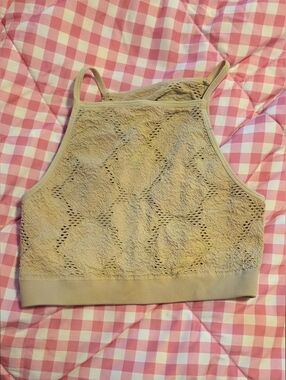 aerie Beige Ribbed Crop Tank with Eyelet Detail